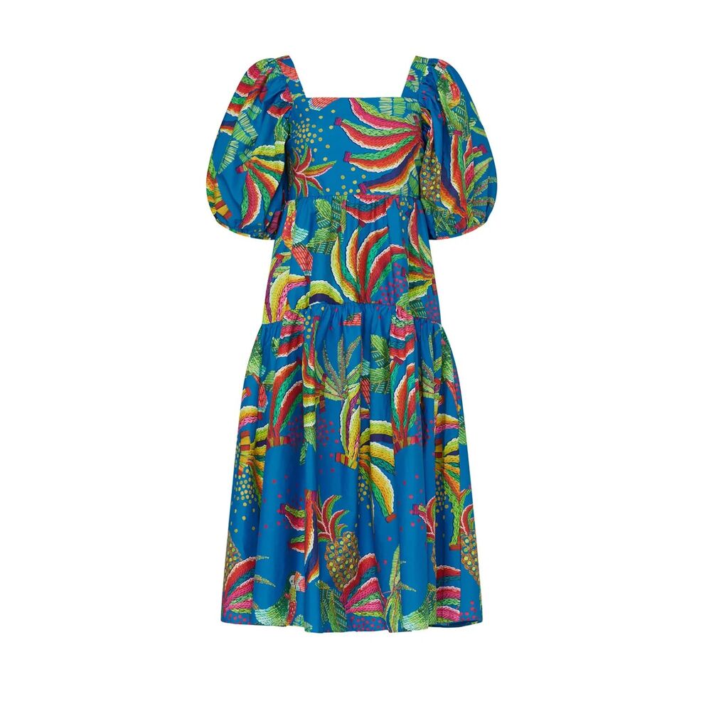 Farm Rio Blue Multicolor Tropical Fruit Banana Midi Dress Puff Sleeves Size S